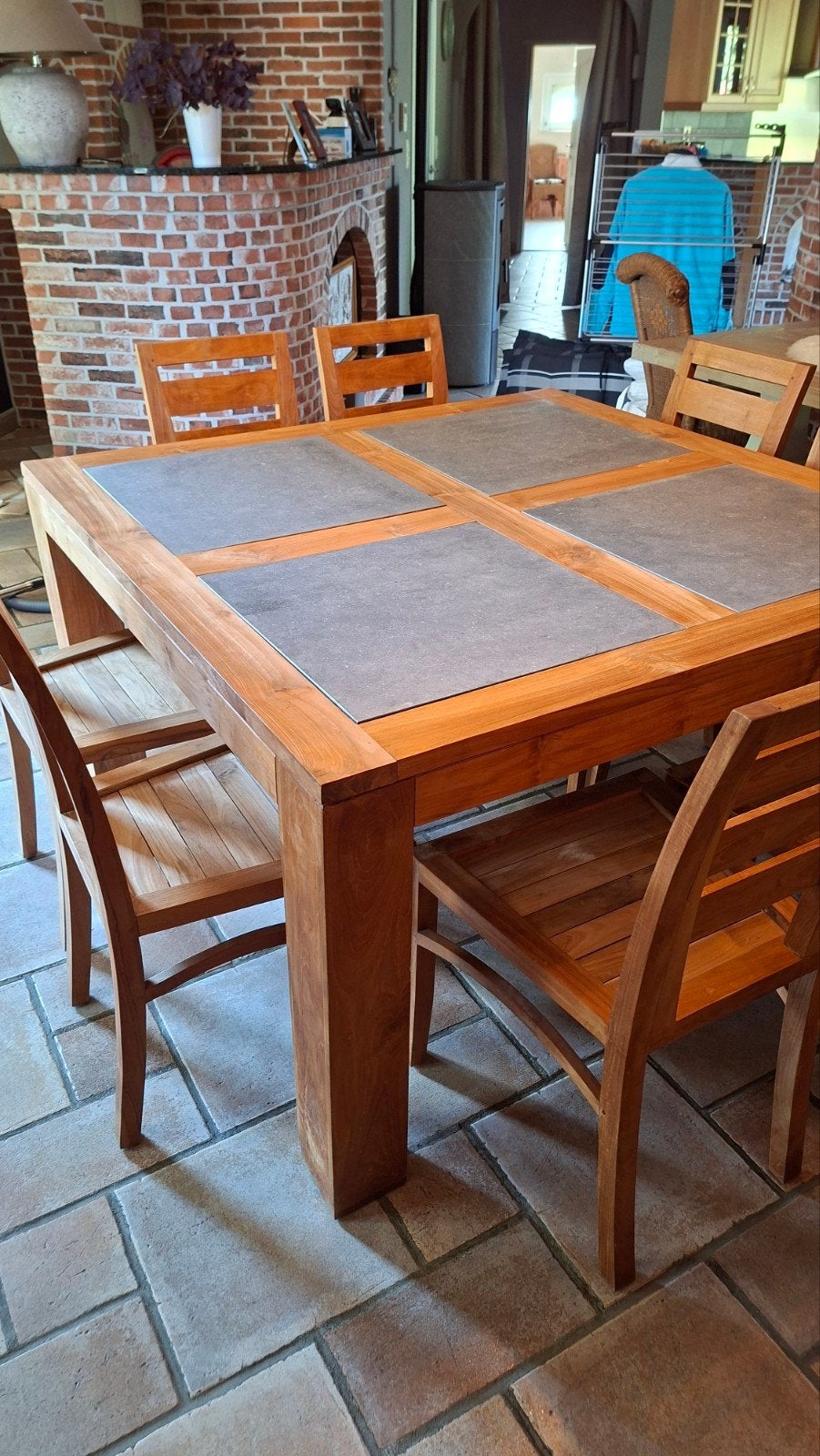 masief teak tafel met 8 stoelen, Huis en Inrichting, Ophalen