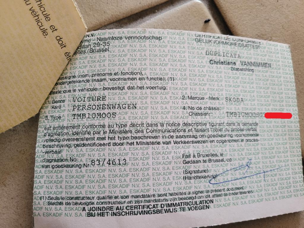 dupl. Conformiteitscertif. SKODA 105/120 Oldtimer Eskadif, Ophalen of Verzenden