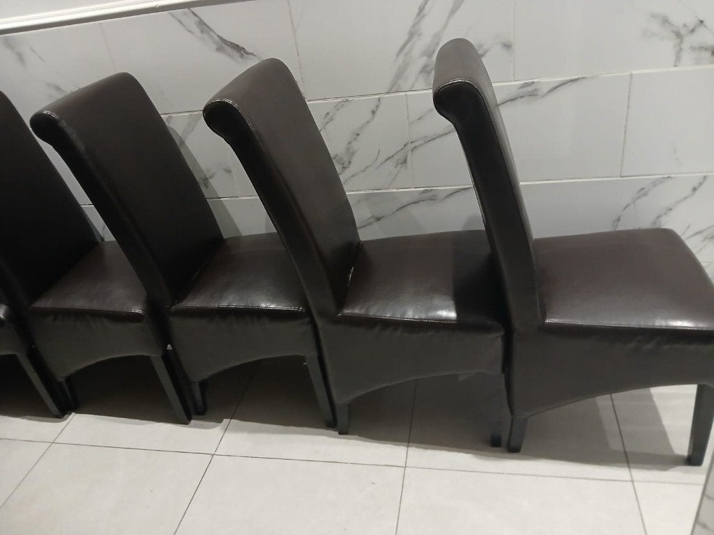 Vier lederen stoelen eetkamer, Huis en Inrichting, Stoelen, Ophalen, Gebruikt, Grijs, Vier