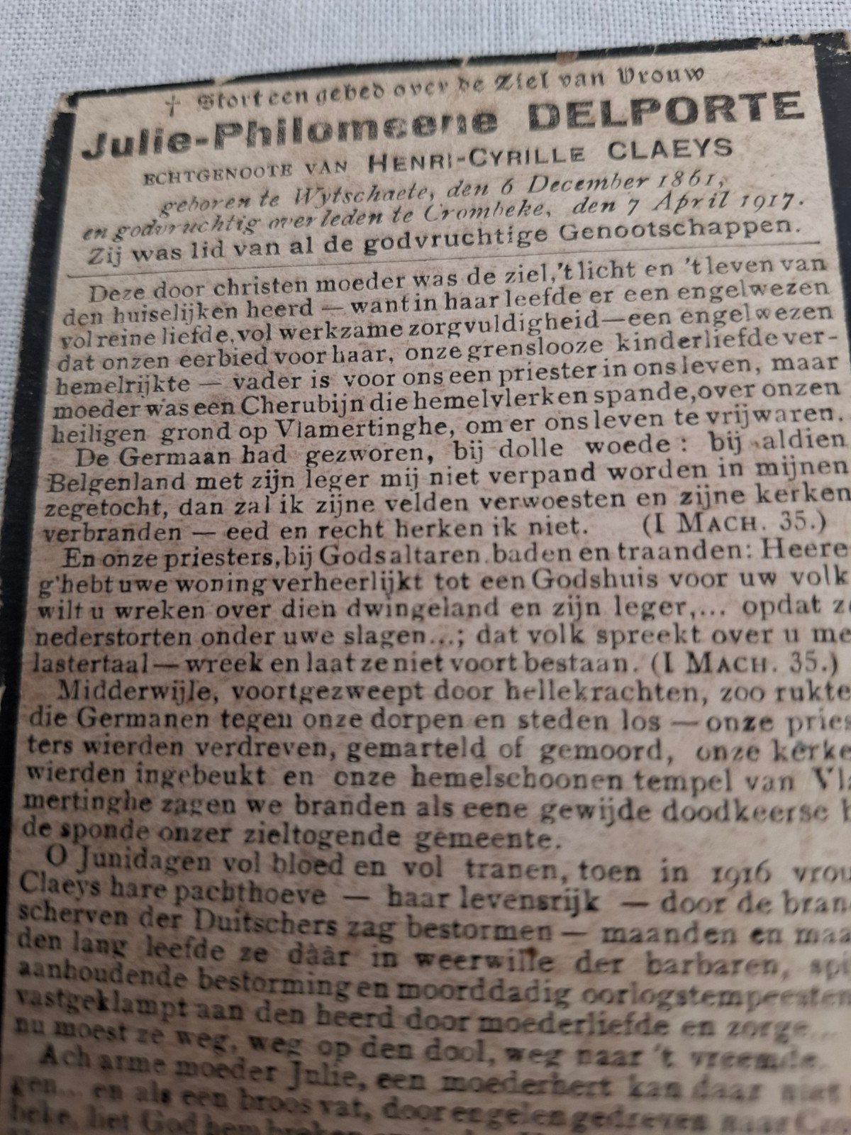 bidprentje oorlogsslachtoffer 1917, Enlèvement ou Envoi, Image pieuse