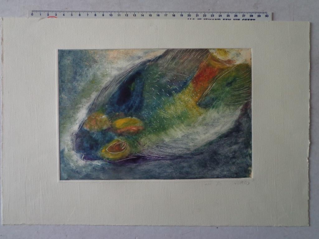 monotype van een kleurrijke vis gesigneerd Lis uit 2003, Antiek en Kunst, 2000 tot heden, Origineel, Ets, Ophalen of Verzenden