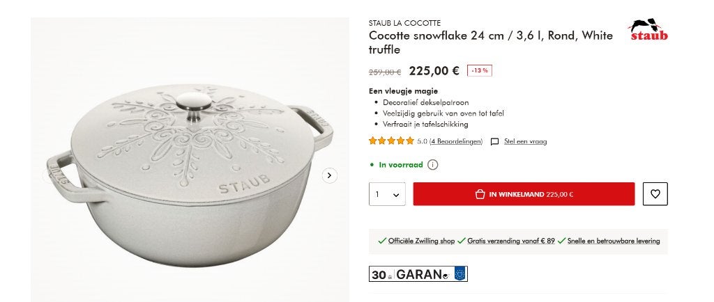 STAUB Cocotte snowflake, Huis en Inrichting, Braadpan, Geschikt voor inductie, Nieuw, Ophalen of Verzenden