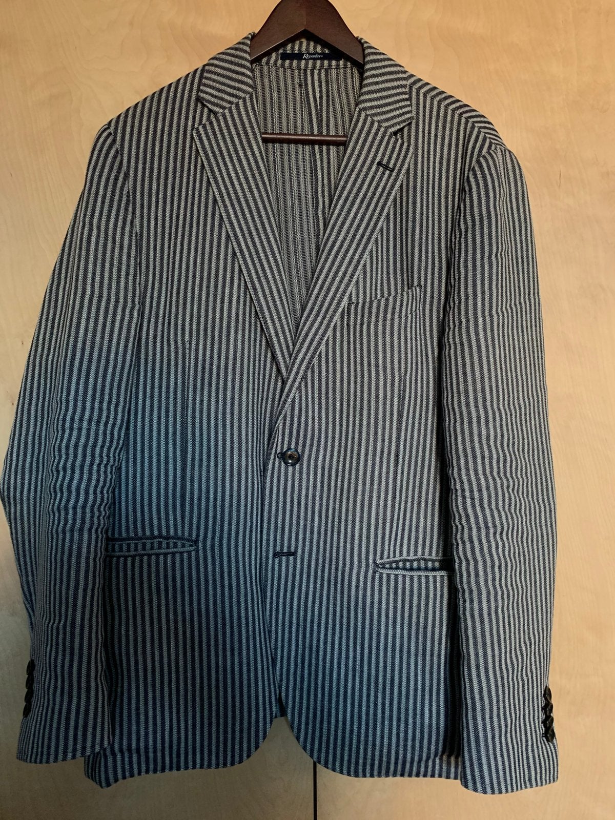 Veste blazer d’été bleue gris ciel coton & lin rayures 54, Enlèvement ou Envoi, Porté, Taille 52/54 (L), Bleu