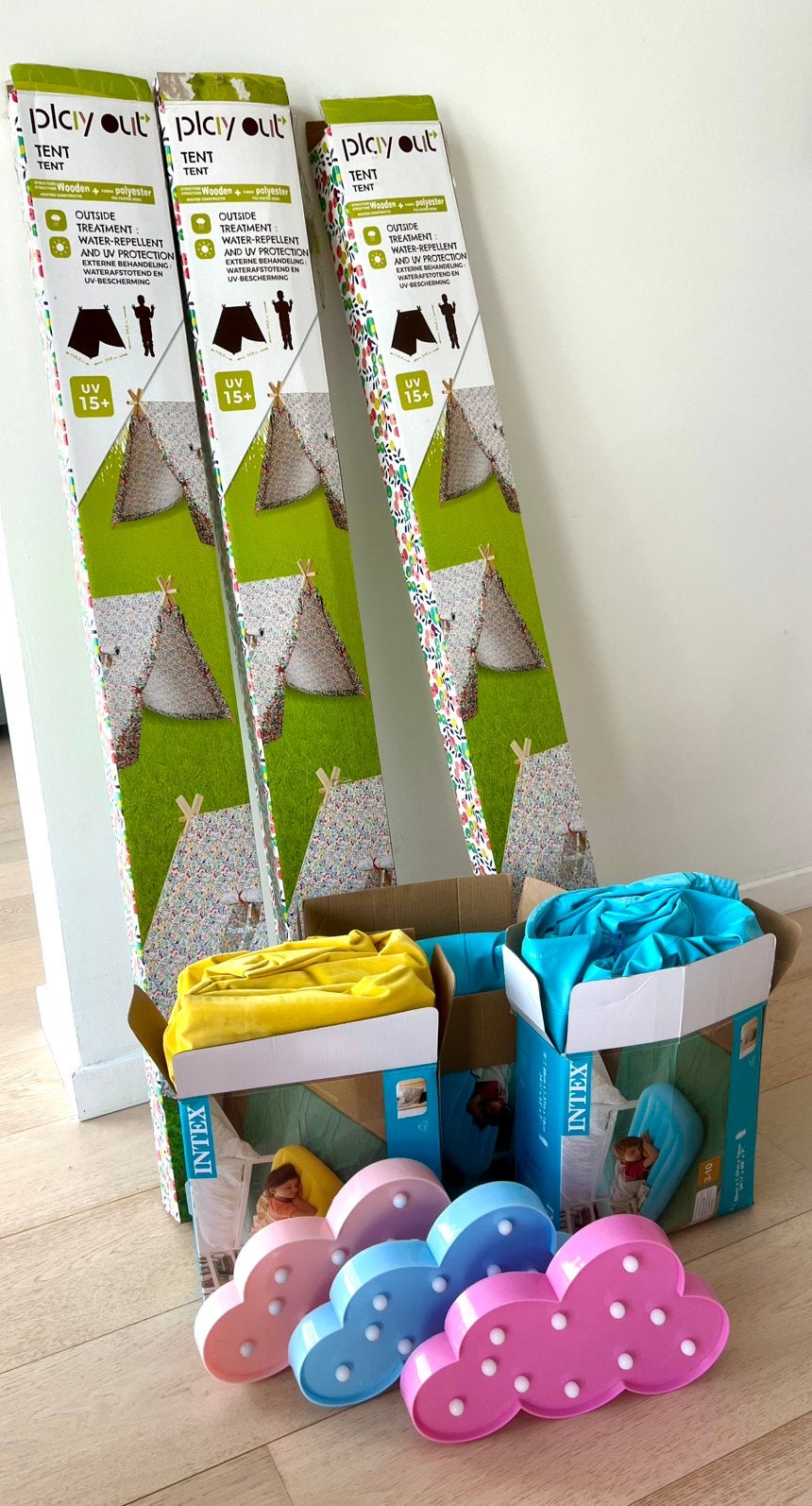 Lot de 3 tentes fleuries et 3 matelas enfant - pyjama party, Jaune, Enlèvement, Comme neuf