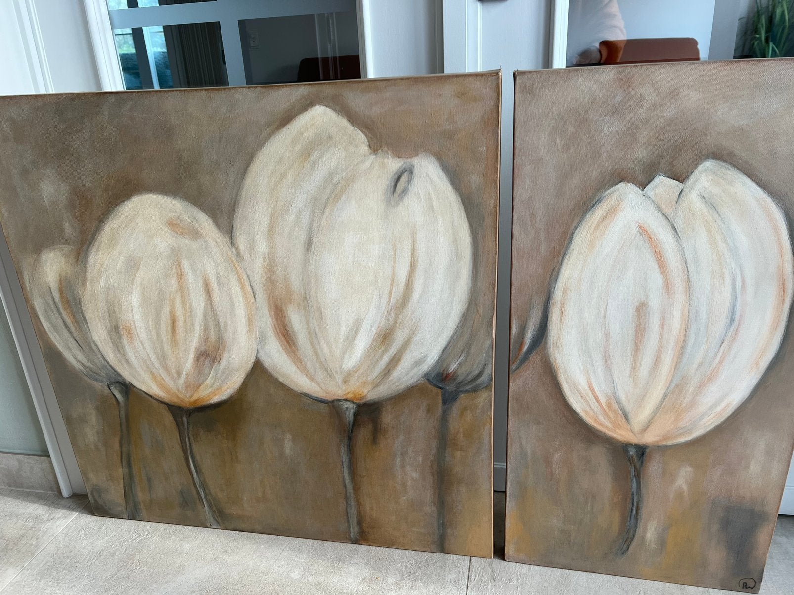 Schilderij 2-luik, Antiek en Kunst, Kunst | Schilderijen | Modern, Ophalen, Textiel, Op houten frame, Bloemen