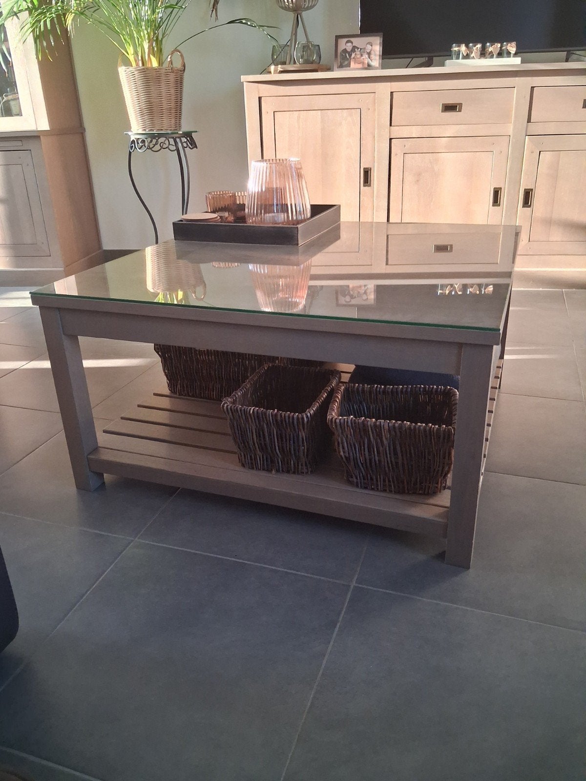 salontafel fineer eik met glazen beschermingsplaat, Huis en Inrichting, Ophalen, 50 tot 100 cm, Eikenhout, 50 tot 100 cm