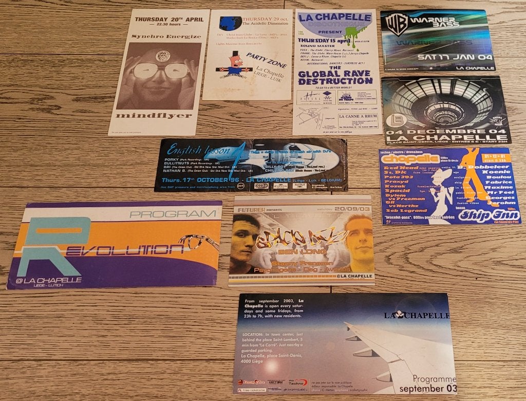 Lot de 10 flyers de La Discothèque La Chapelle à Liège, Verzamelen, Muziek, Artiesten en Beroemdheden, Gebruikt, Overige typen
