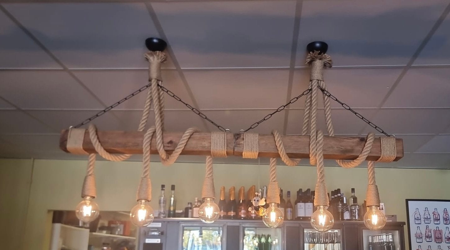 Lampe à faisceau rustique en bois avec corde, Maison & Meubles, Vintage, Enlèvement, Bois, Plafonnier