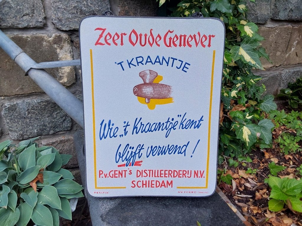 Emaille Reclamebord Bord Genever T Kraantje Schiedam, Verzamelen, Ophalen of Verzenden, Zo goed als nieuw, Reclamebord