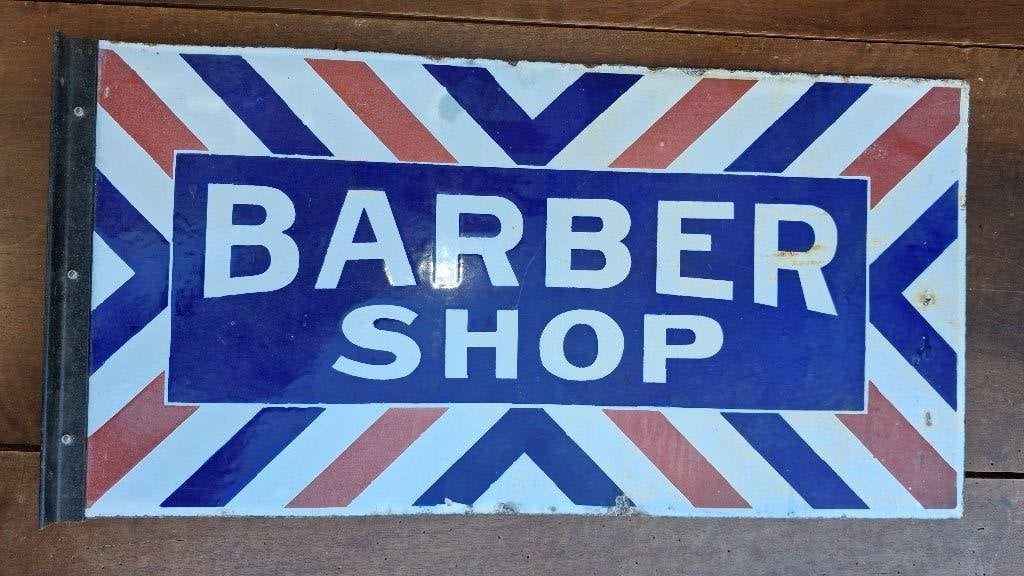 Panneau d'affichage émaillé double face BARBER SHOP, Enlèvement ou Envoi, Comme neuf, Panneau publicitaire