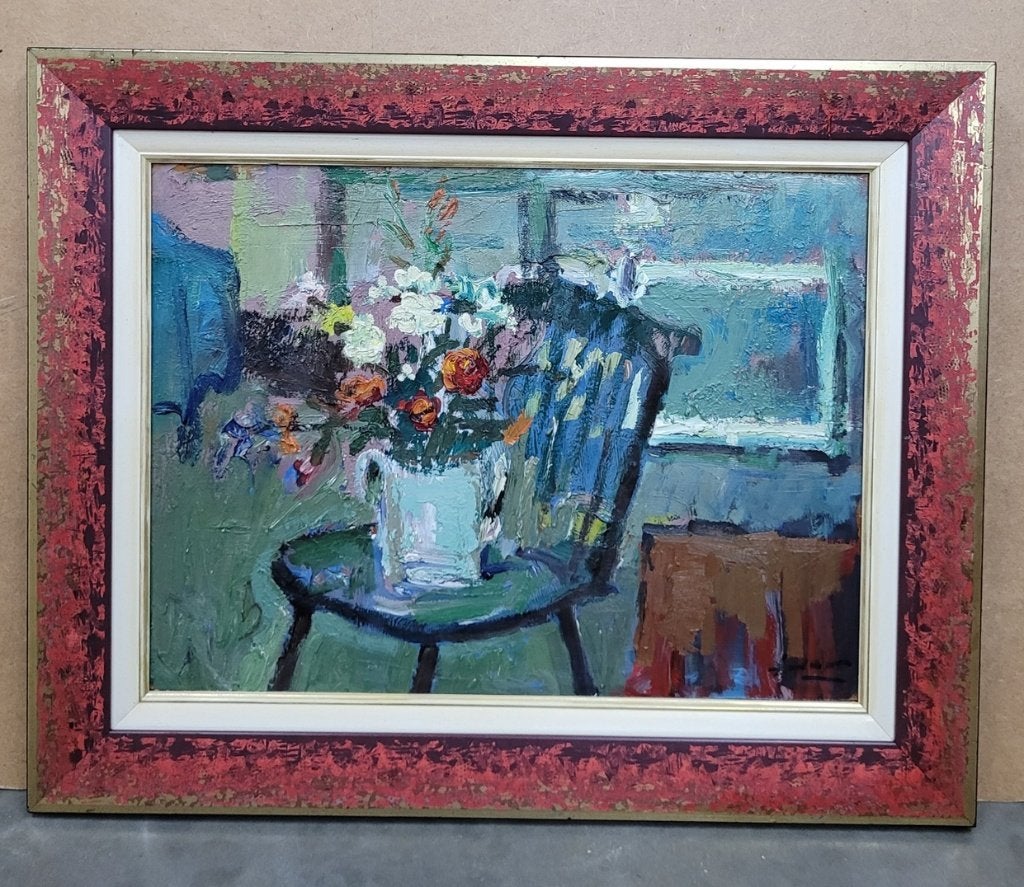 Juul DE CORT, intérieur fleuri, Antiquités & Art, Enlèvement ou Envoi, Peinture à l'huile, Panneau, Encadré