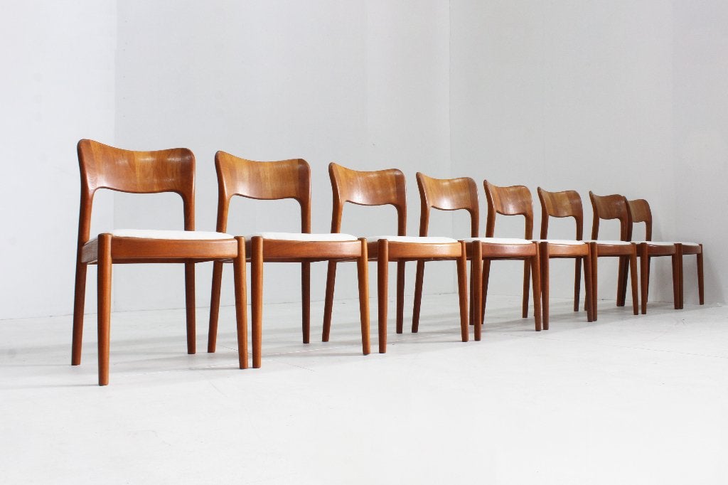 Set van 8 vintage Deense eetkamer stoelen Niels Koefoed teak, Huis en Inrichting, Stoelen, Bruin, Vintage, Ophalen of Verzenden