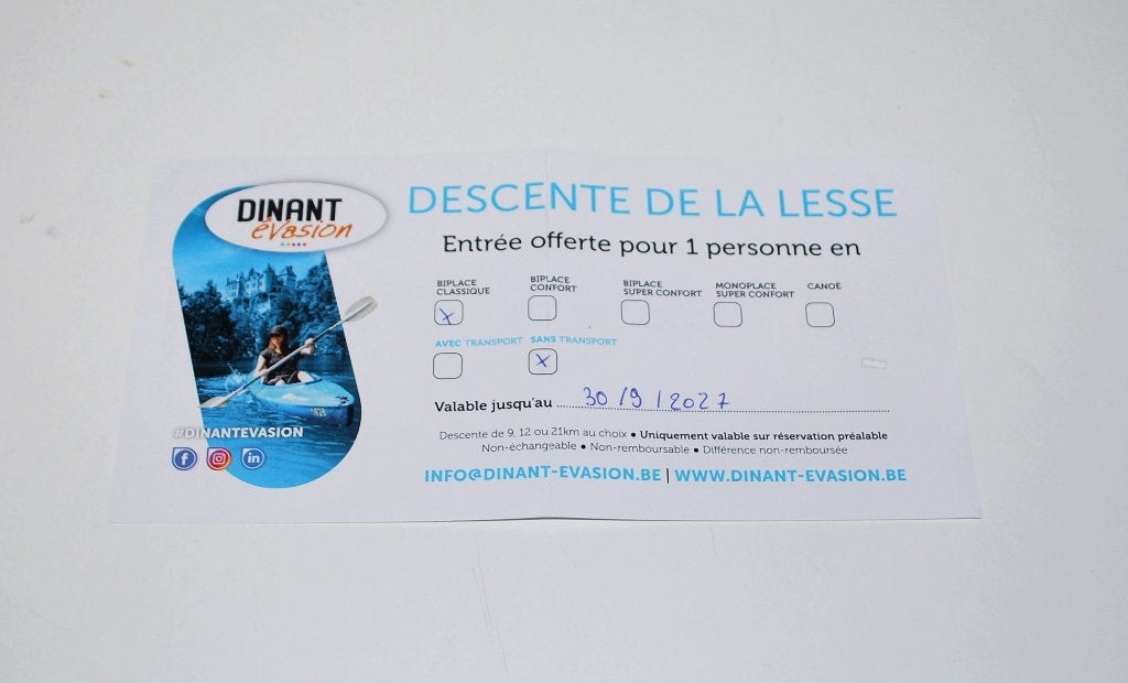 Toegangskaart Kajak Afdaling over de Lesse, Eén persoon, Ticket of Toegangskaart