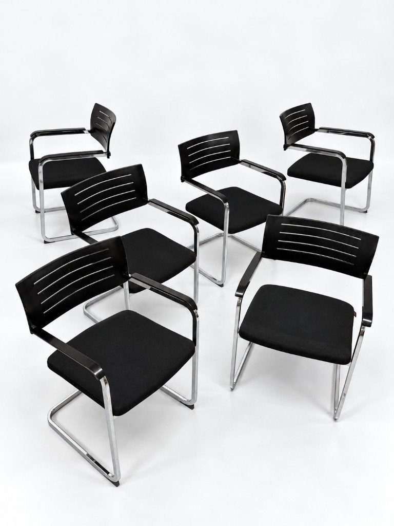 Lot de 6 fauteuils Züco cantilever, bois noir et chrome, Enlèvement ou Envoi, Utilisé, Bois, Une