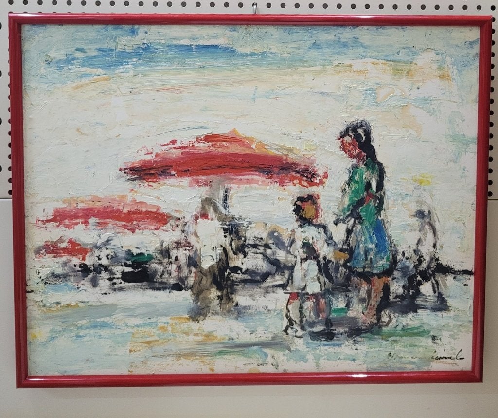Karel Jan VAN DEN HEUVEL, de rode parasol, Paneel, Expressionistisch, Ophalen of Verzenden, Gesigneerd