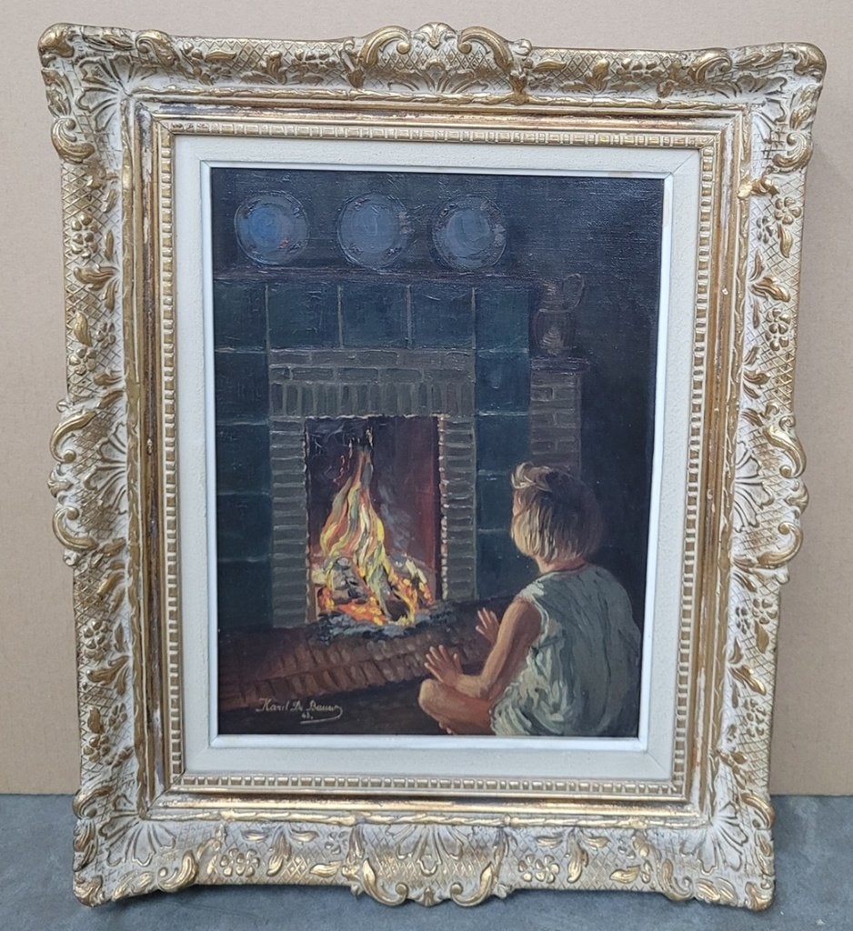 Karel DE BAUW, meisje bij de haard, Antiek en Kunst, Doek, Portret of Personen, Ophalen of Verzenden, Gedateerd