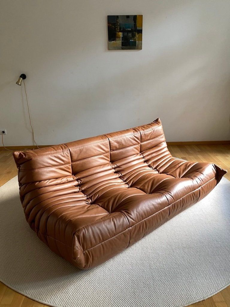 Ligne Roset - Togo - 3-zitter Zetel/Sofa - Cognac Bruin Leer, 150 tot 200 cm, Driepersoons, Leer, Zo goed als nieuw