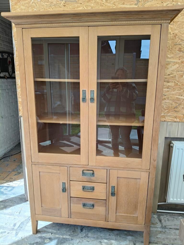 Massief eiken white wash vanille vitrine kast, Ophalen