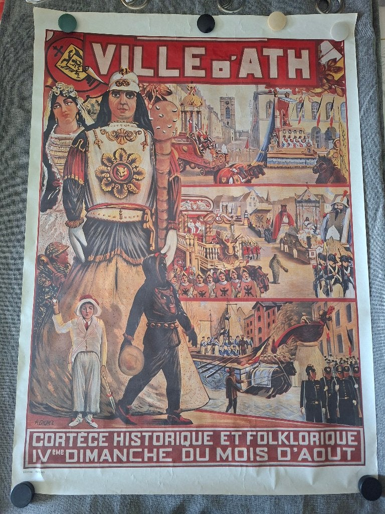 Vintage poster van Ducasse d'Ath — Alfred G— Impribel, Verzamelen, Foto's en Prenten, Gebruikt, 1980 tot heden, Foto, Ophalen of Verzenden