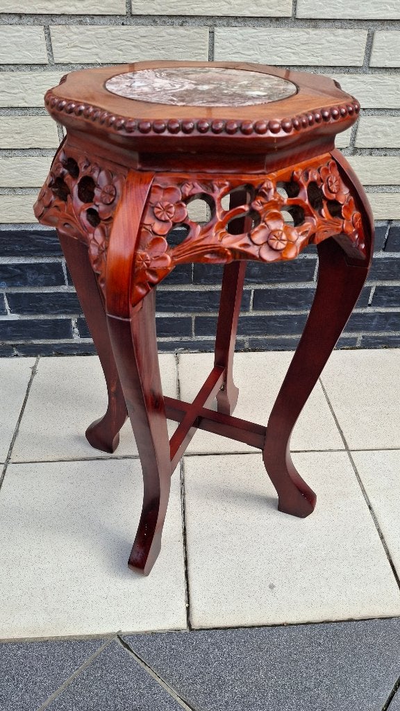 Chinese bijzettafel (rozenhout met marmeren inlegblad)., Rond, Nieuw, Chinees, Hout