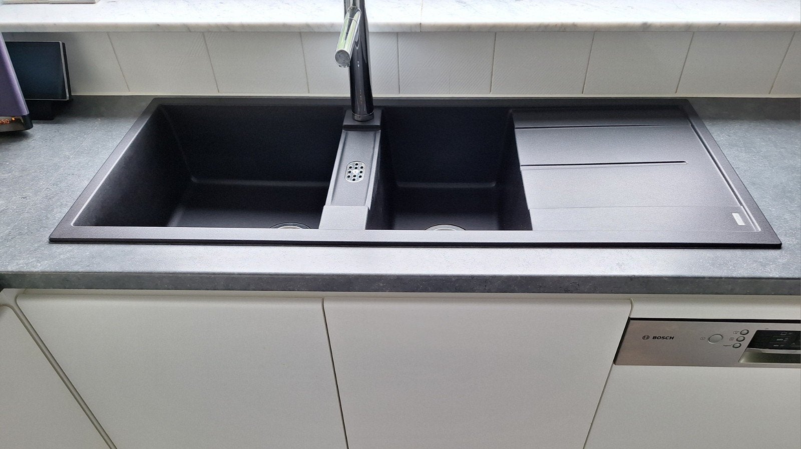 Blanco dubbele spoelbak silgraniet - opbouw, Ophalen, Zo goed als nieuw, Zwart, Composiet