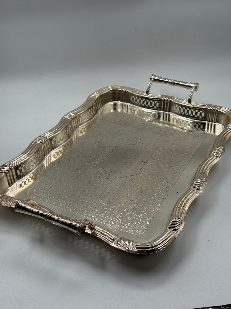 Groot vintage dienblad in verzilverd metaal, gegraveerd, Ophalen, Zilver