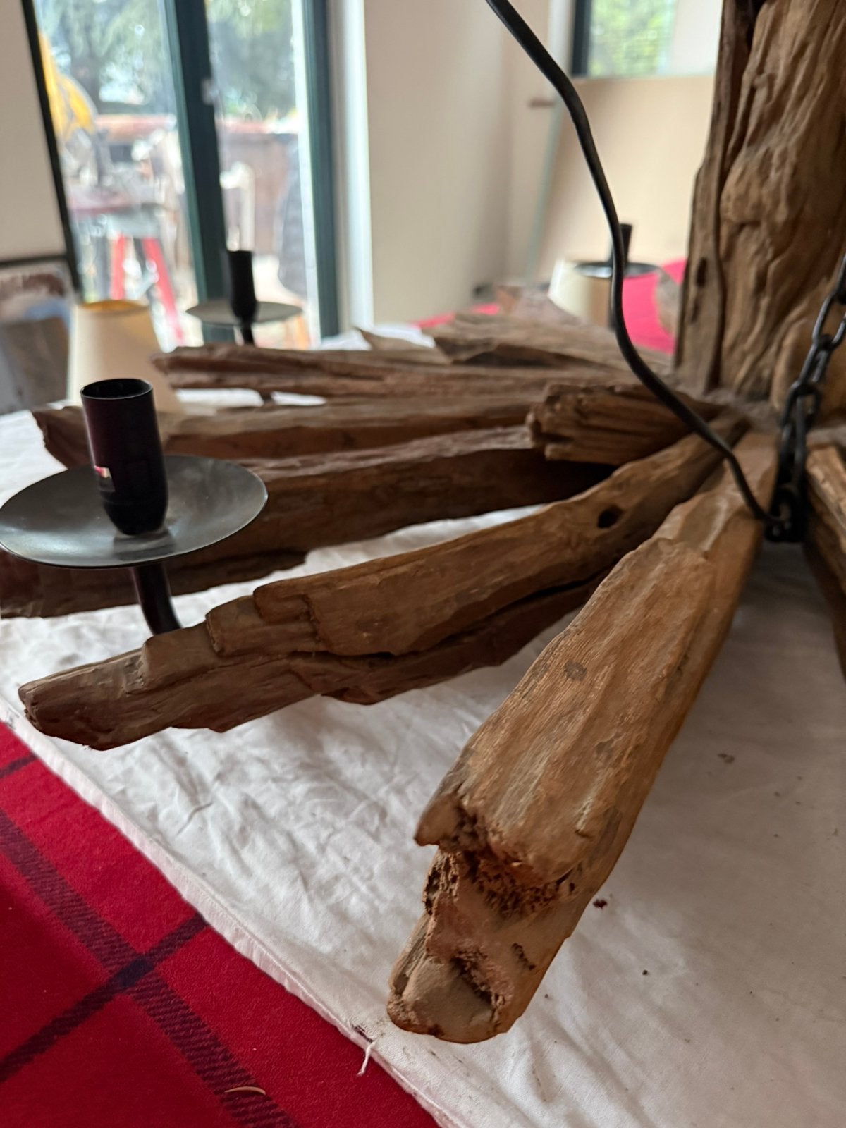 Luchter T&T design met lampenkappen., Ophalen, E27 (groot), Hout, Landelijk