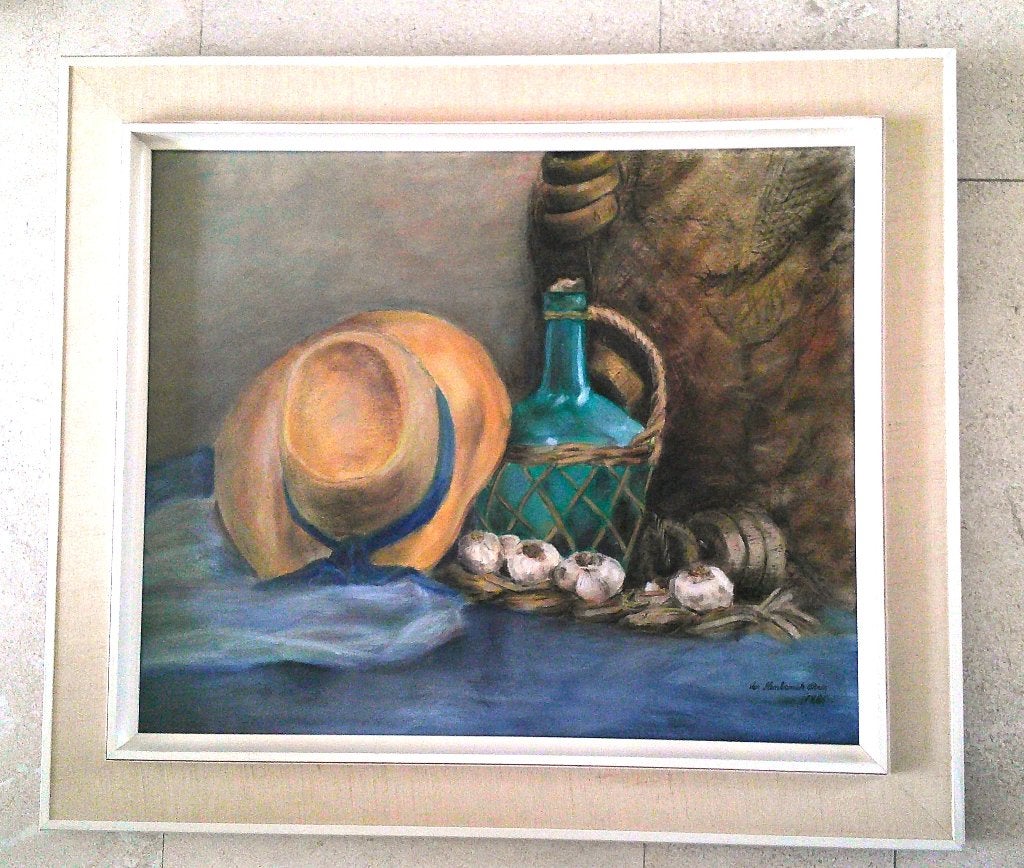 Stilleven met strooien hoed 1986 - Chris van Slembrouck, Doek, Stilleven, Impressionistisch, Ophalen of Verzenden