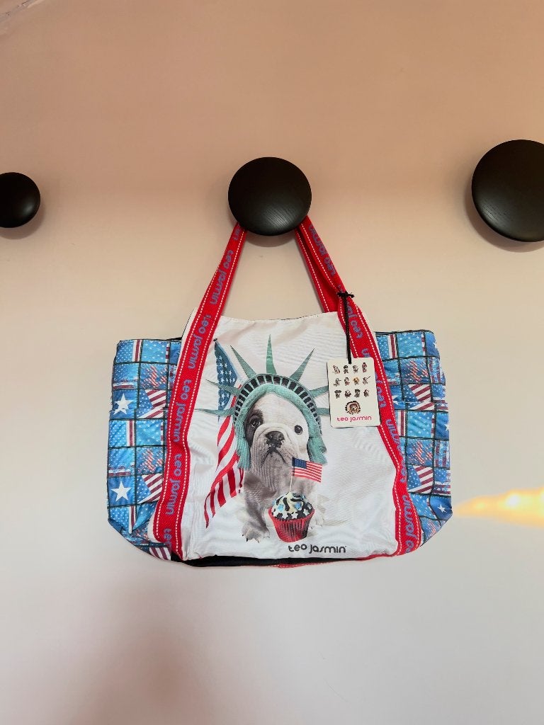Téo Jasmin – Grand sac cabas zippé bouledogue New York USA, Enlèvement ou Envoi, Utilisé, Bleu, Shopper