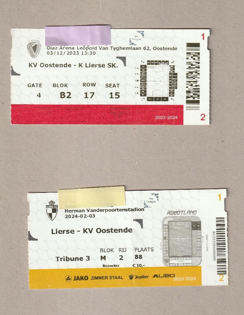 2 versch (gebruikte) tickets Lierse - Oostende (2023-2024), Ophalen of Verzenden, Gebruikt, Overige typen