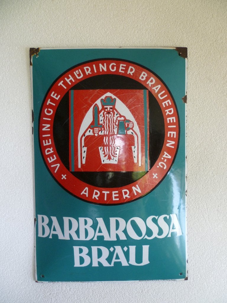 EMAILLE RECLAMEBORD"BARBAROSSA BRAU"UIT JAREN 30, Ophalen of Verzenden, Gebruikt, Reclamebord