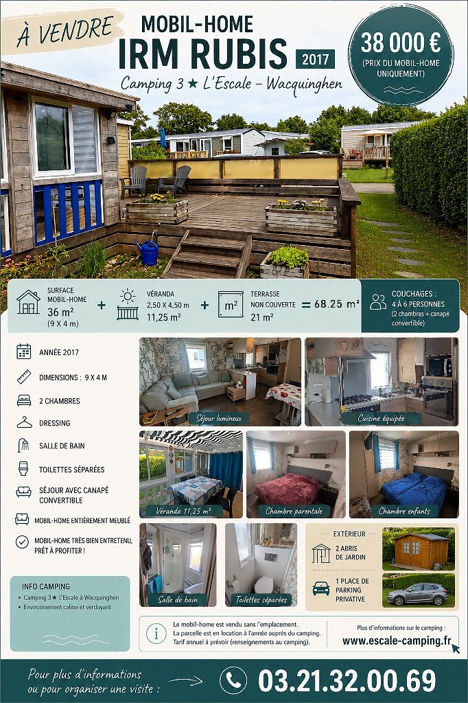 Mobil-home IRM Rubis 2017 – 47,25 m² –  Wacquinghen, Ophalen, Gebruikt