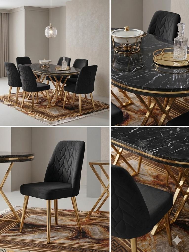 Luxe marmeren eettafel + 6 velvet stoelen – PROMO, Ophalen of Verzenden, Nieuw, Vijf personen of meer