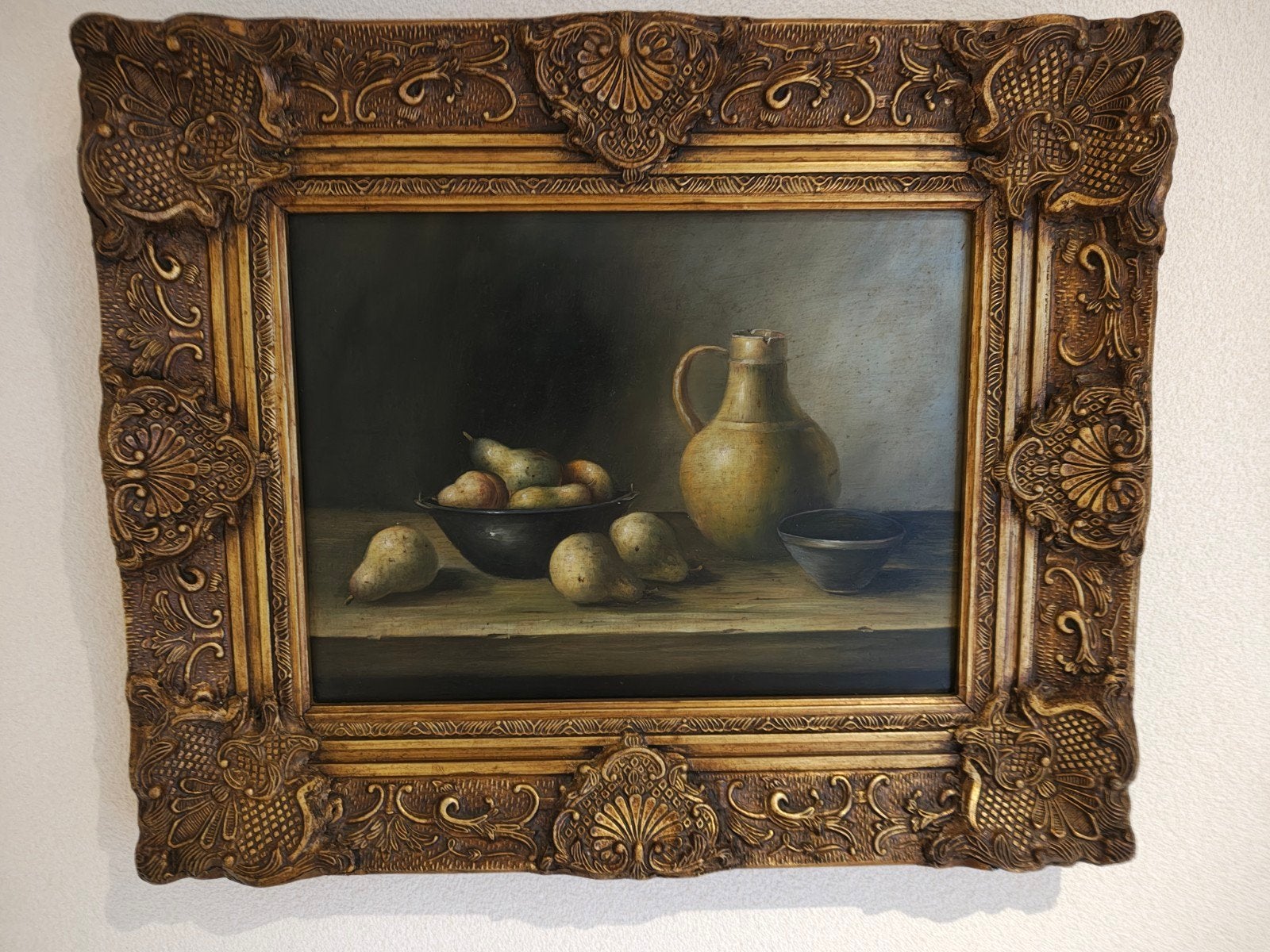 Stilleven schilderij met kruik en schaal peren., Antiek en Kunst, Ophalen, Stilleven, Paneel
