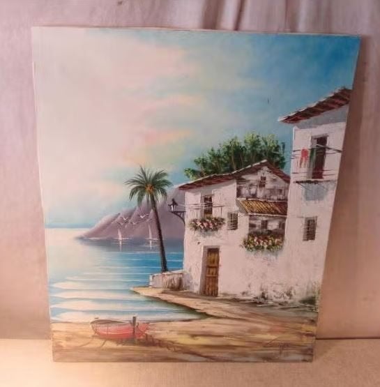 Œuvre peinte « Maison grecque au bord de la mer », signée, Antiquités & Art, Enlèvement ou Envoi, Peinture à l'huile, Paysage