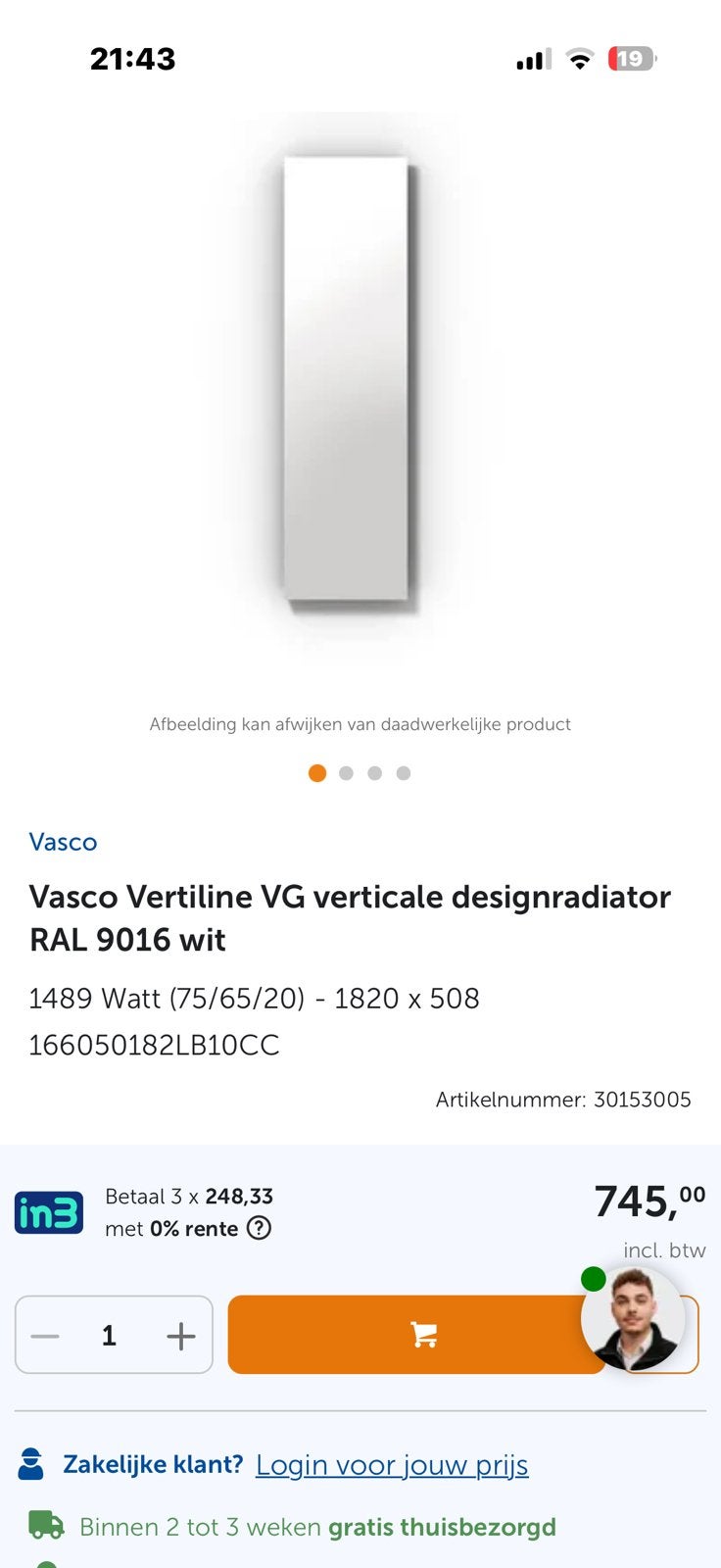 Nieuwe radiator vasco vertiline VG ral 9016 in de verpakking, Huis en Inrichting, Ophalen, Zo goed als nieuw