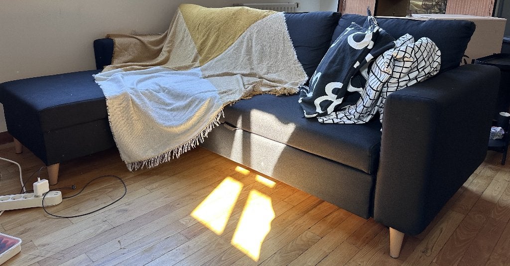 IKEA slaapbank met dagbed en opbergruimte + kussens, Ophalen, Zwart, 190 cm of minder, Zo goed als nieuw