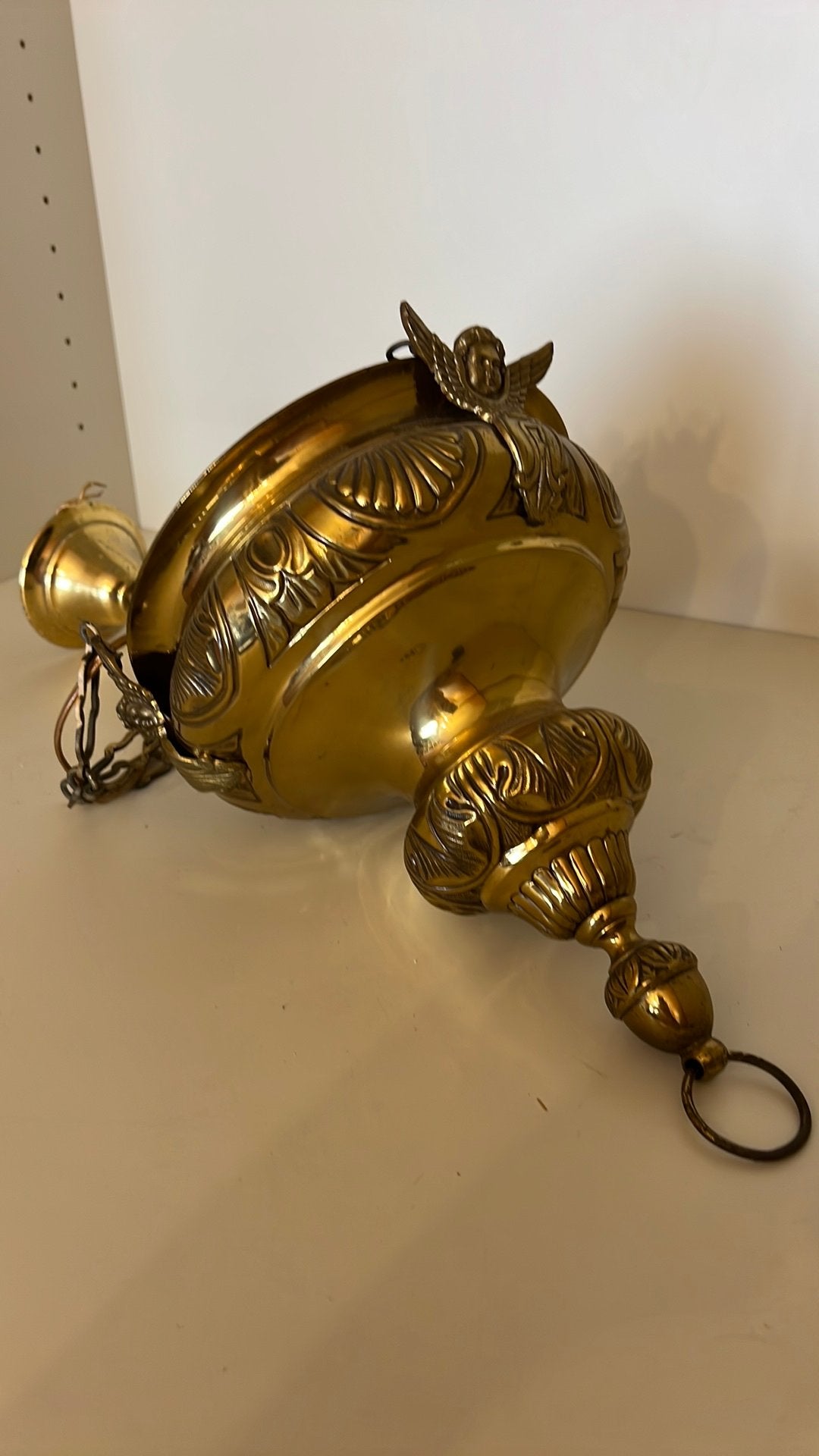 Antieke messing godslamp, omgebouwd tot elektrische hanglamp, Antiek en Kunst, Antiek | Religieuze voorwerpen, Ophalen