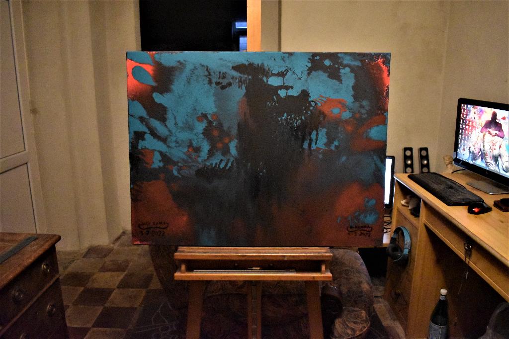 Abstract schilderij van groene vulkaan, door Joky Kamo, Antiek en Kunst, Ophalen, Olieverf, Abstract