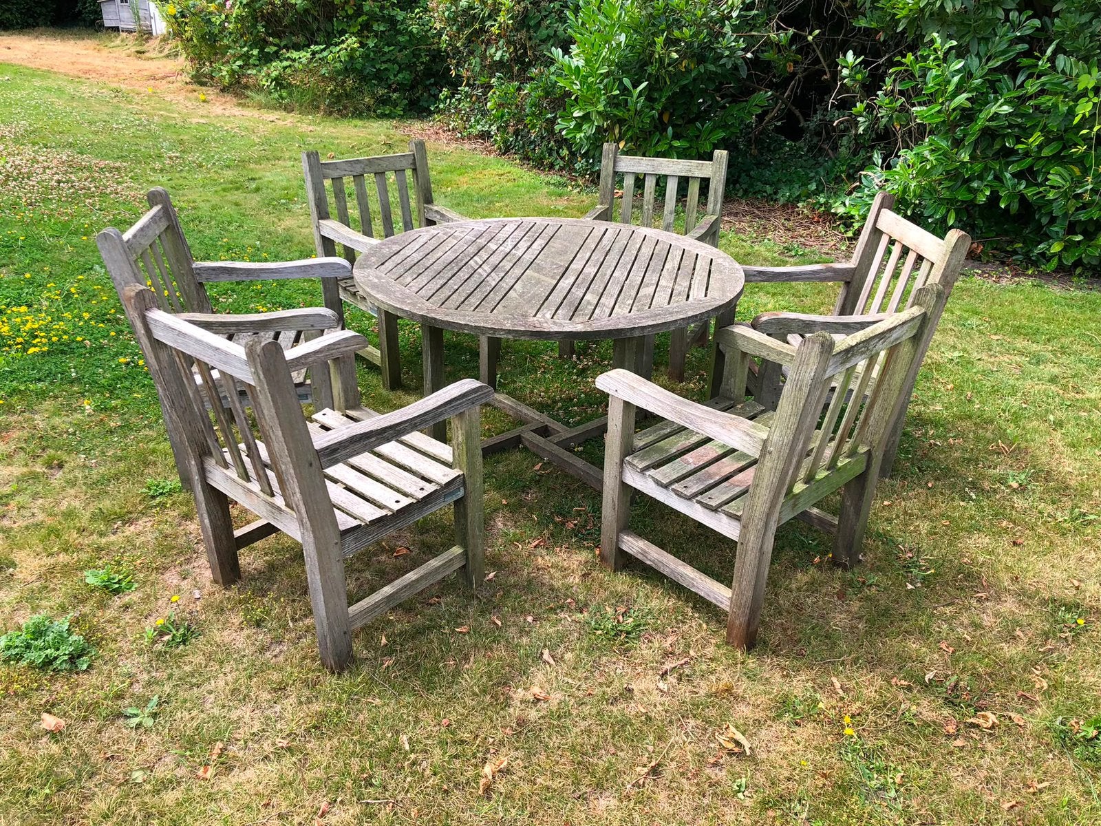 Massief teak tuinset — ronde tafel + 6 stoelen, Ophalen, Gebruikt, 6 zitplaatsen, Teakhout