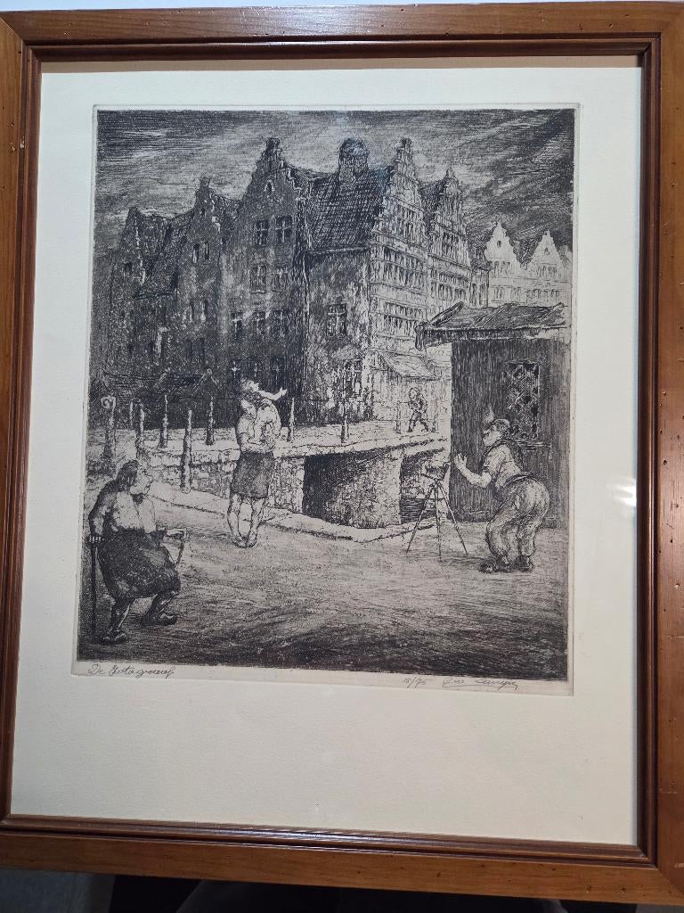 G. Langie: ets: 'De Fotograaf', Gentse kunstenaar, Dagelijks leven, Ingelijst, Ophalen of Verzenden, 1950 - 1999