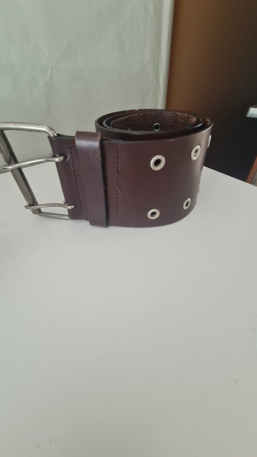 Ceinture cuir marron double œillets T85, Cuir véritable, Brun, Enlèvement, 80 à 90 cm