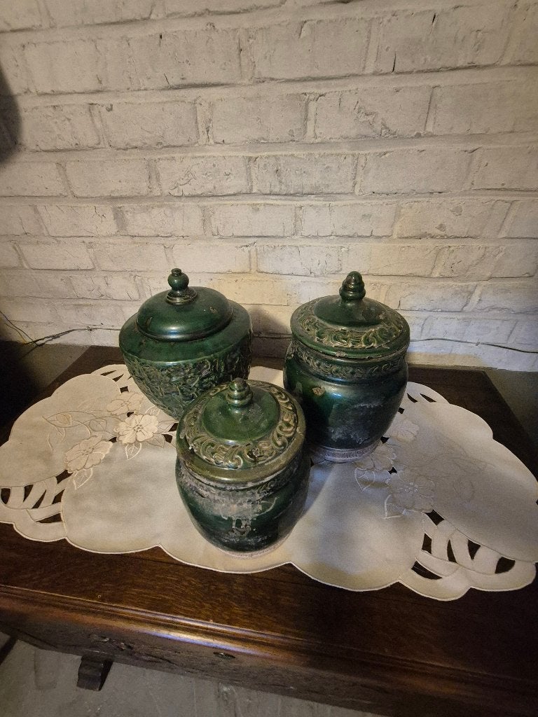 3 Keramieke Groene Potten, Antiek en Kunst, Ophalen