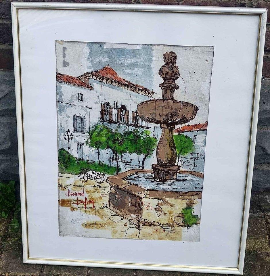Technique mixte fontaine signe Bernard dufour, Antiek en Kunst, Ophalen of Verzenden, Gemengde techniek