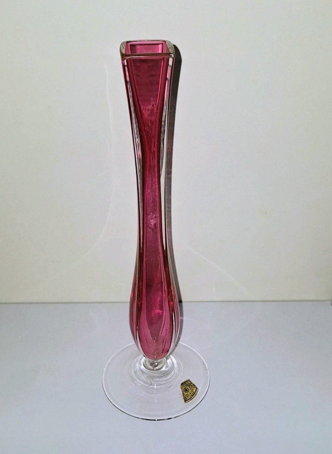 Vintage Val Saint Lambert Pink Crystal Soliflore Vase, Belgi, Ophalen of Verzenden, Gebruikt, Roze, Glas