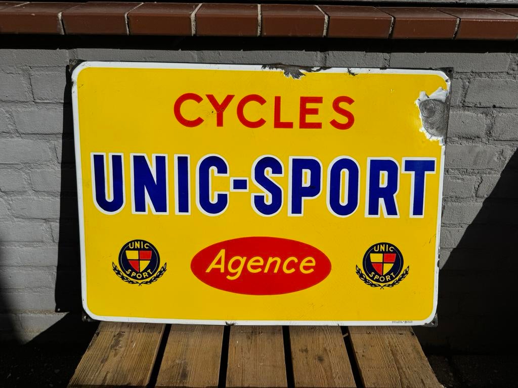 Panneau publicitaire en émail Unic Sport Cycling, Enlèvement, Utilisé, Panneau publicitaire