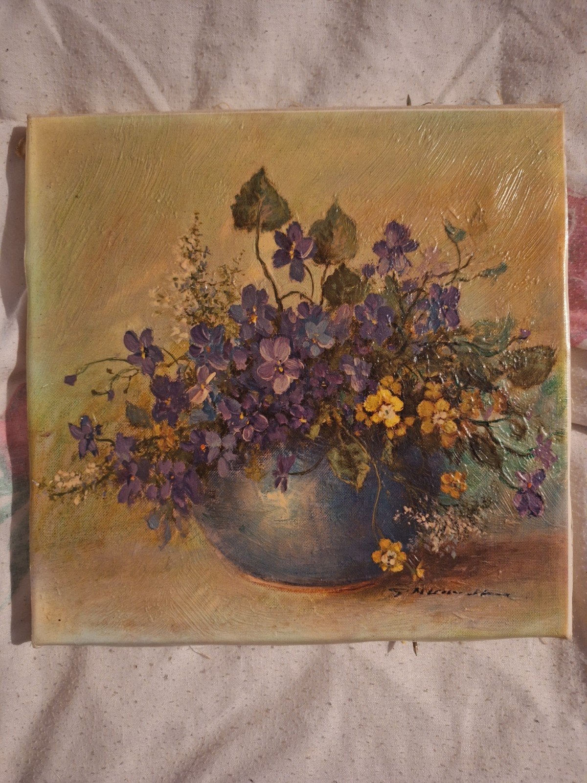 Vintage Schilderij Bloemen stilleven  – Retro look, Paneel, Olieverf, Gesigneerd, Vintage