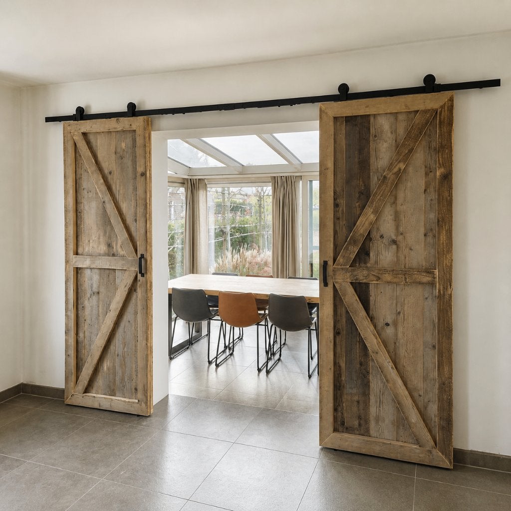 Schuifdeur op maat in echt gebruikt steigerhout, Doe-het-zelf en Bouw, Deuren en Vliegenramen, Ophalen, Binnendeur, Nieuw, Vouwdeur