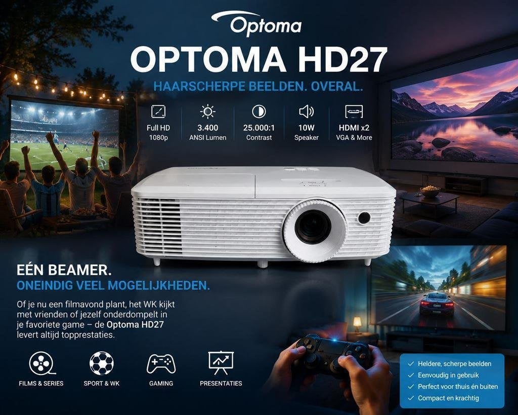 Optoma H27 Beamer/FullHD//25000:1 contrast/WK actie!, Ophalen of Verzenden, Zo goed als nieuw