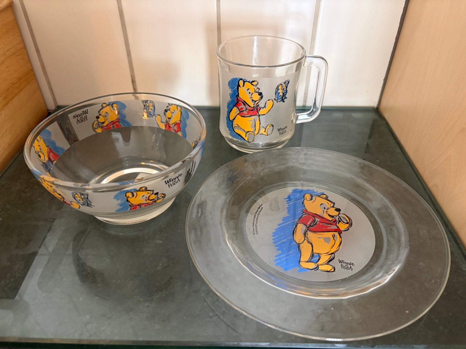 Een vintage Disney Winnie de Poeh kinderservies  helder glas, Ophalen, Nieuw